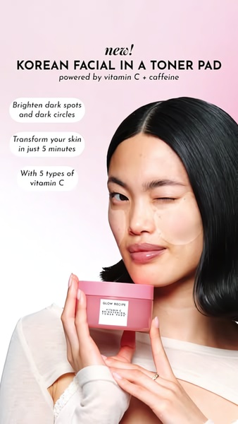 A close-up vertical ad featuring a model holding a toner pad product with text callouts highlighting key skin benefits.